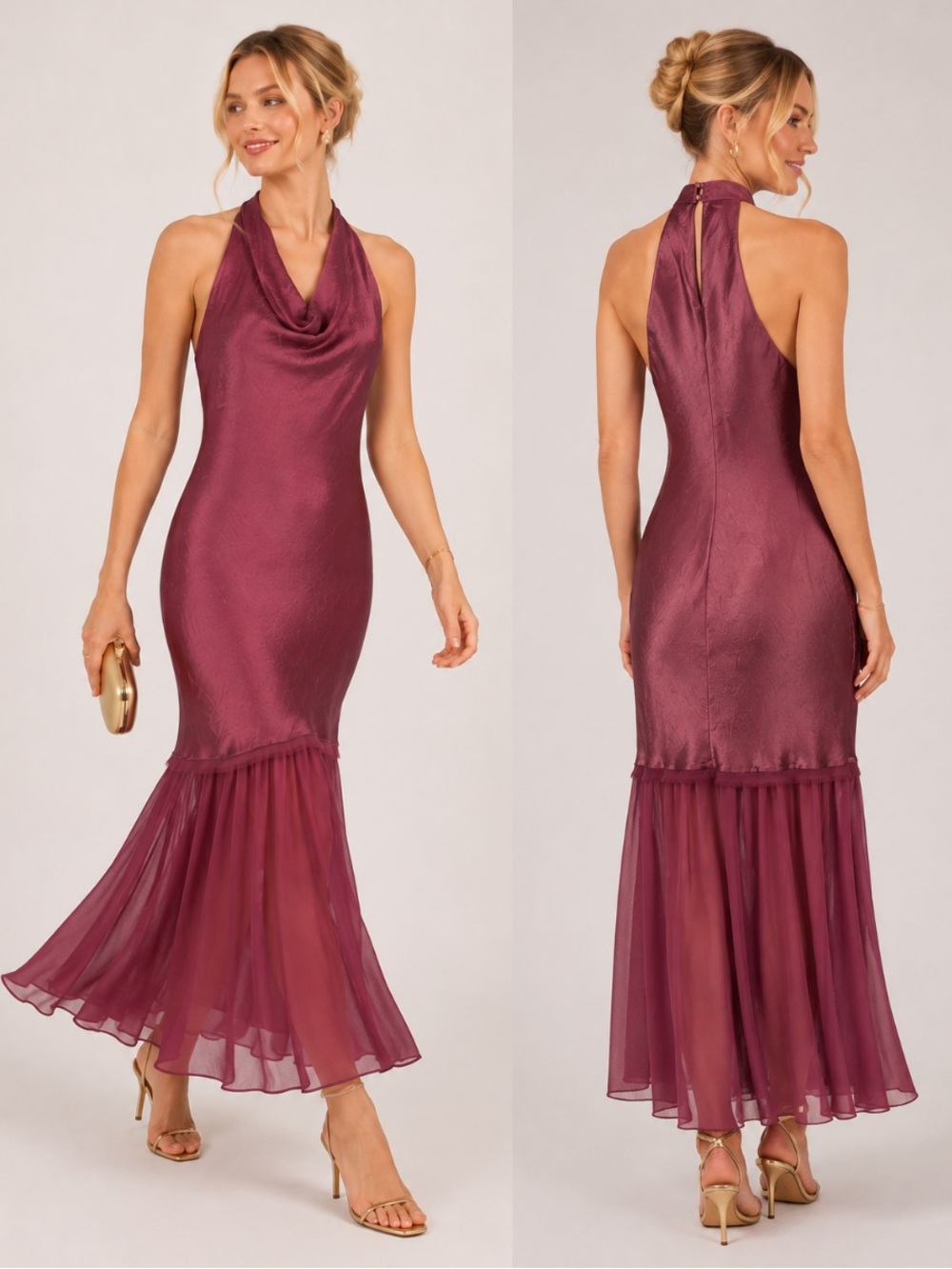 Zara Mauve Halter Cowl Satin Mesh Draped Maxi Dress Layered Romantic Wedding S